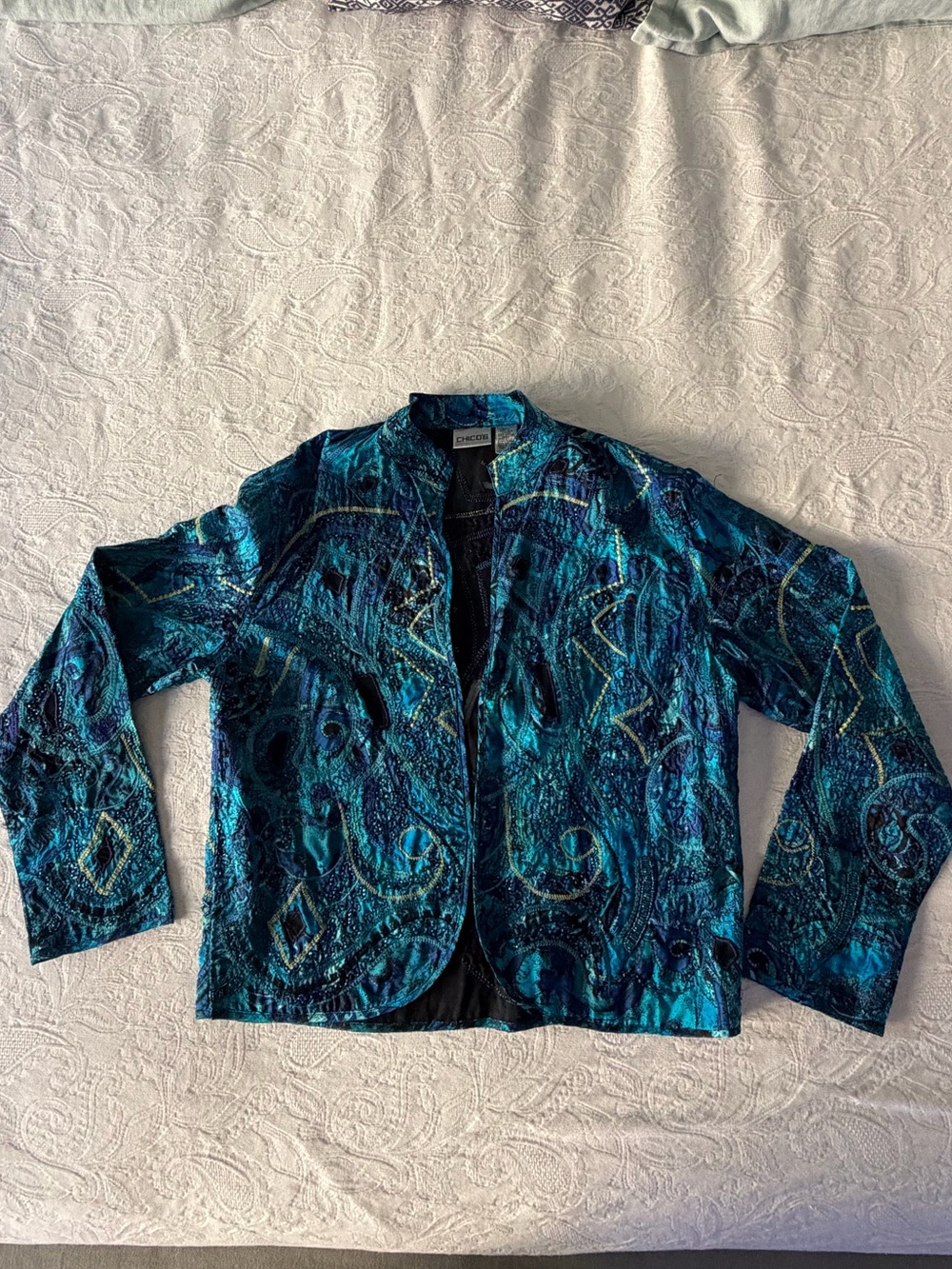 Chico's Silk Blue Teal Patterned Open Blazer